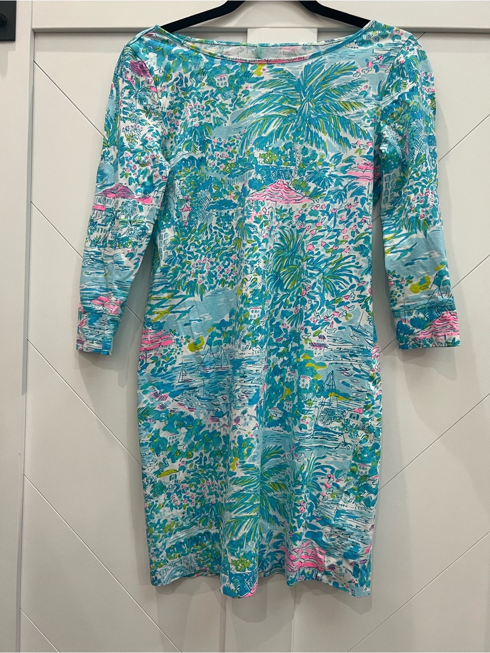 Lilly Pulitzer Aqua and Pink Tropical Boatneck Mini Dress